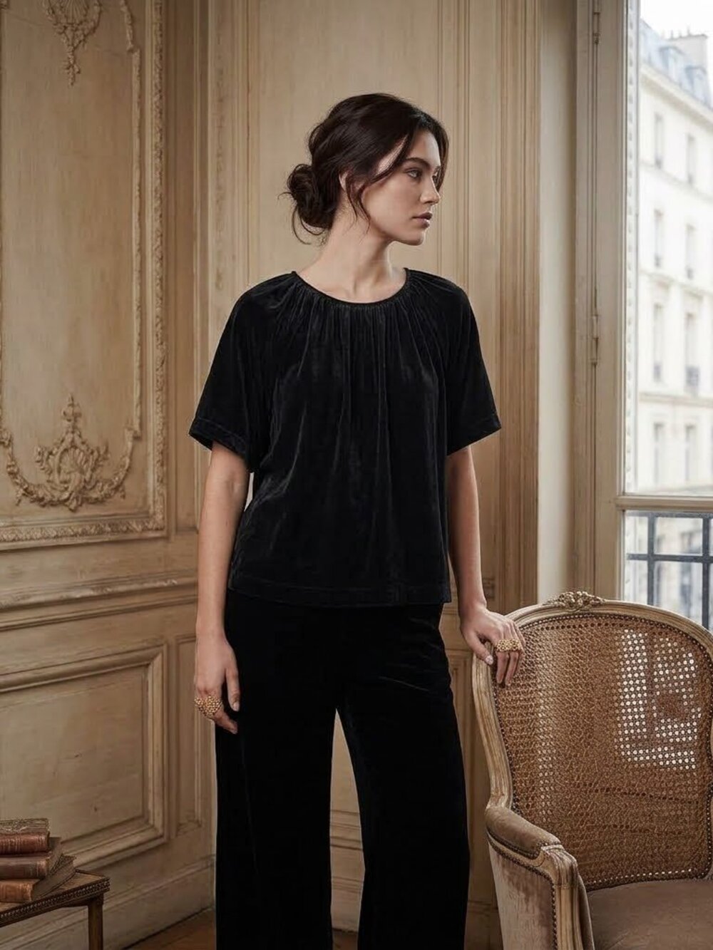 Black Velvet Short Sleeve Gathered Neck Top Size XL Luxe Party Soft Blouse